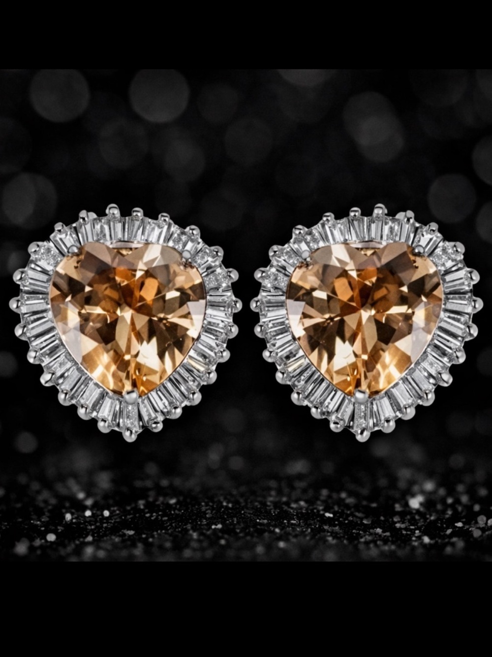 Heart Cut Champagne Cz Diamond statement silver Baguette ladies stud Earrings